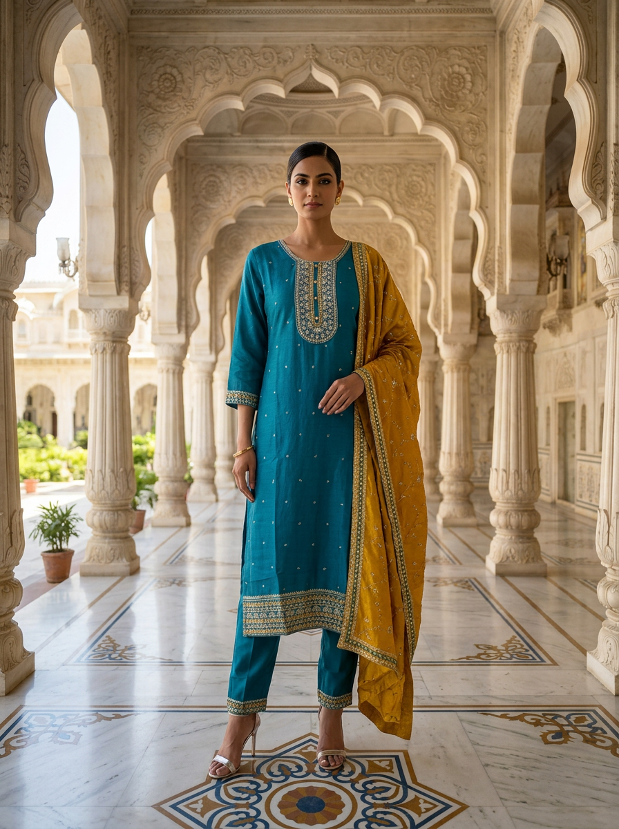 Neerus Blue silk embellished suit set - front view