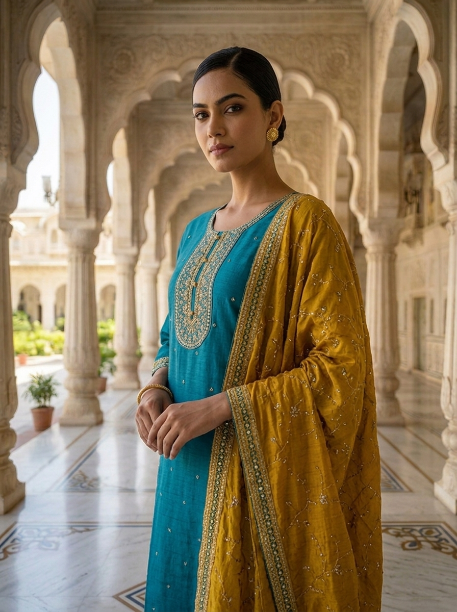Neerus Blue silk embellished suit set - detail view 1