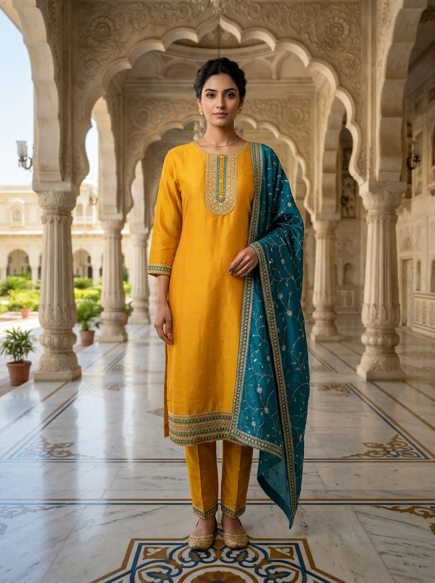 Neerus Yellow silk embellished suit set - front view