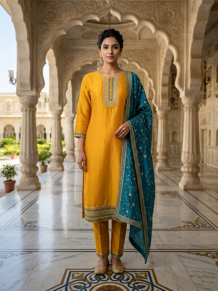Neerus Yellow silk embellished suit set - front view