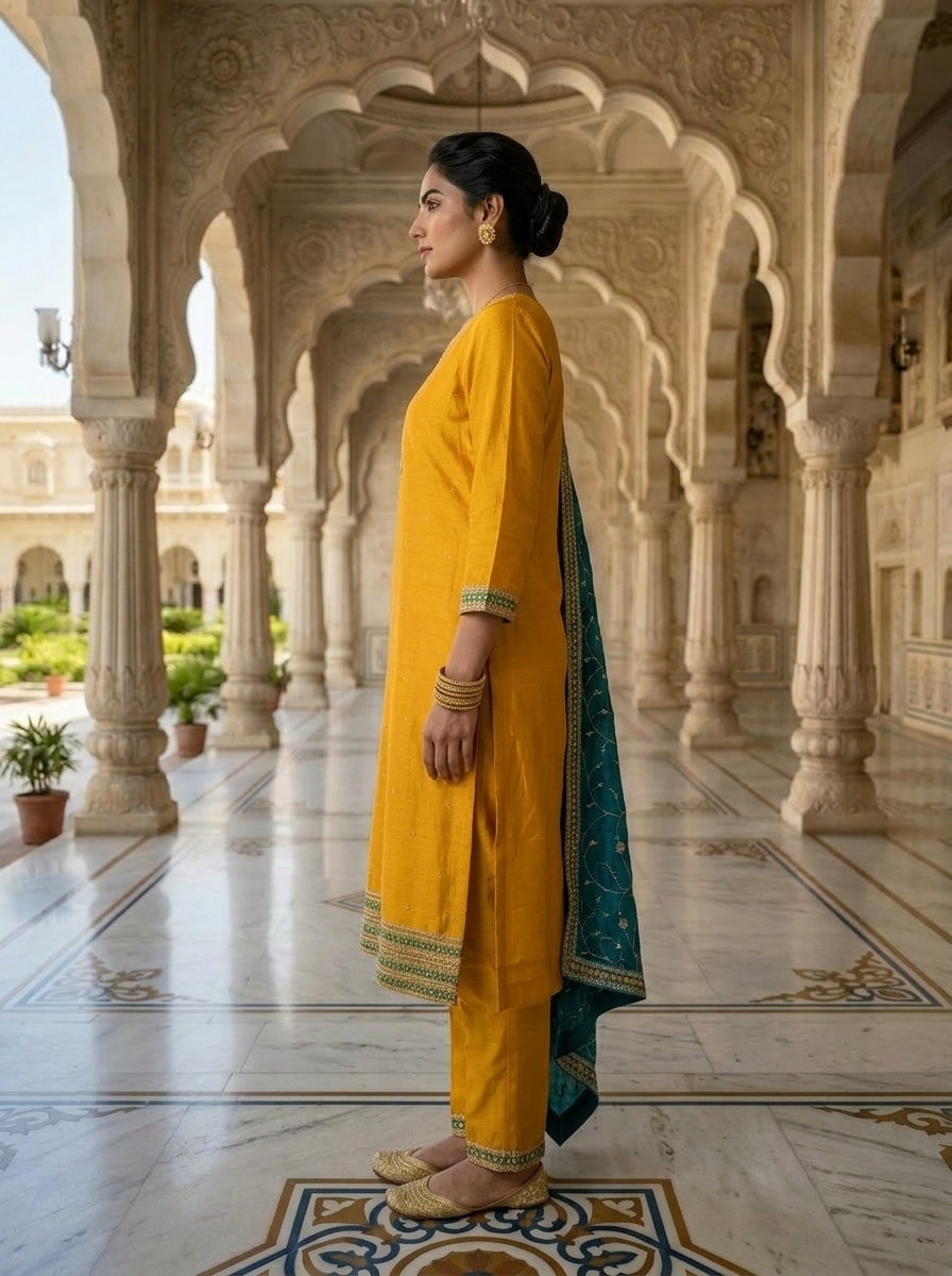 Neerus Yellow silk embellished suit set - back view