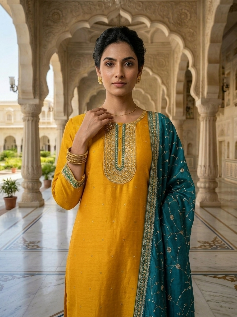 Neerus Yellow silk embellished suit set - detail view 1