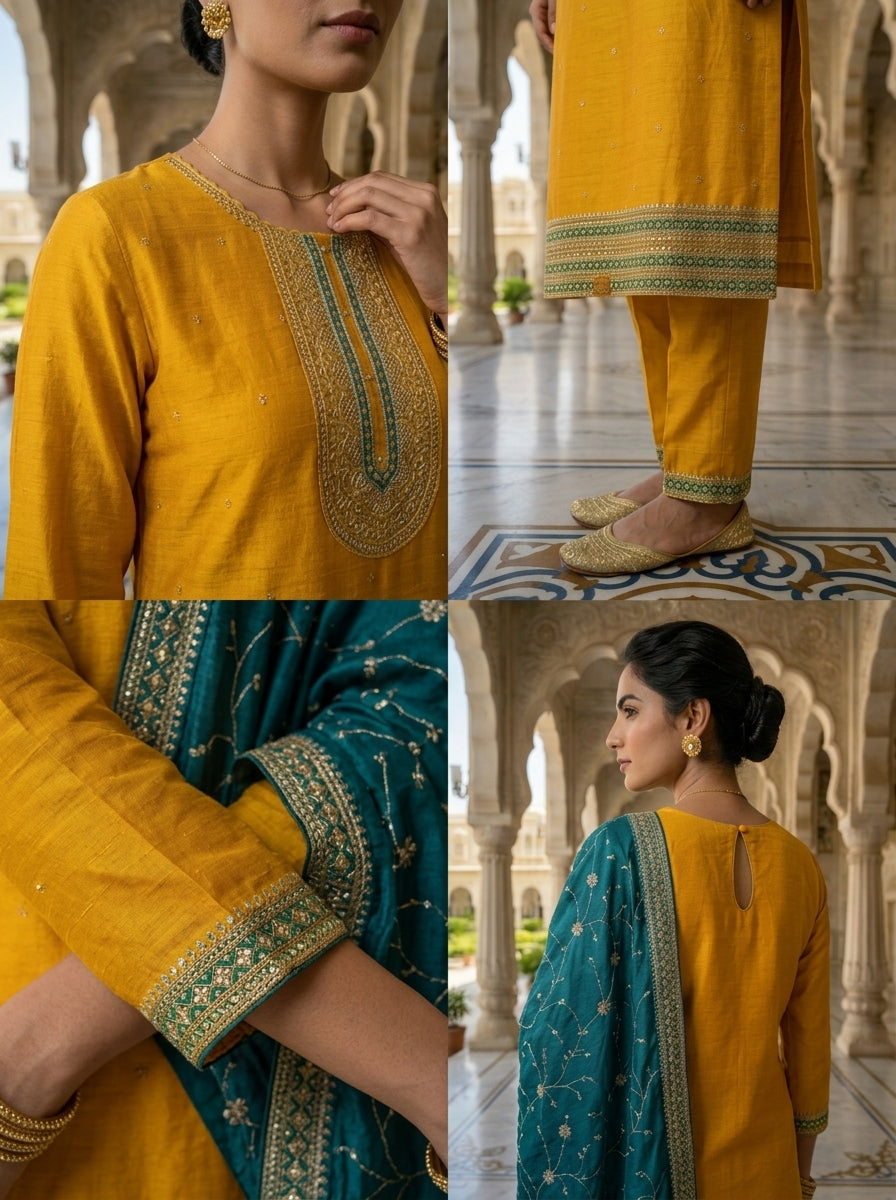 Neerus Yellow silk embellished suit set - detail view 2