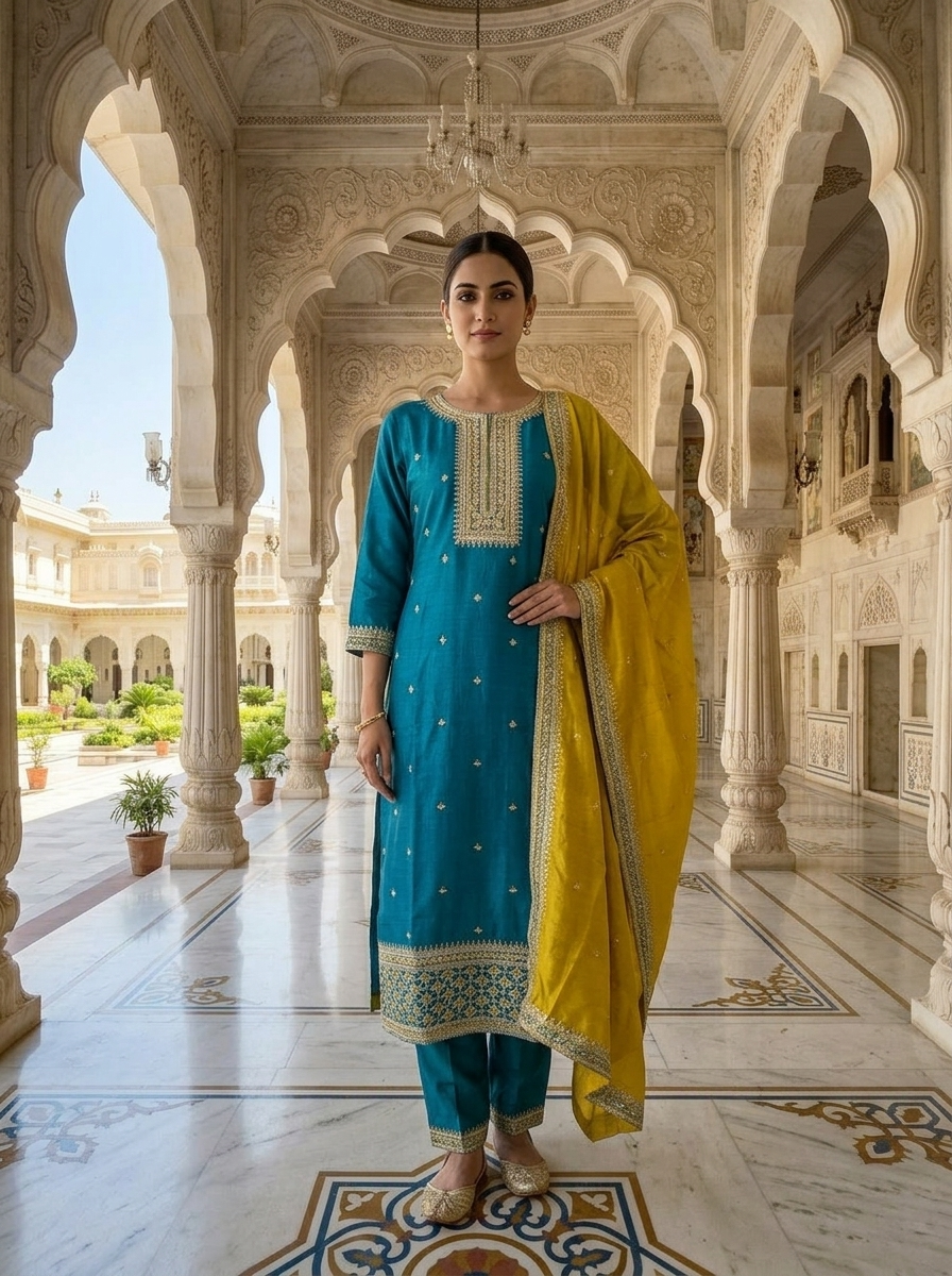 Neerus Blue Silk Thread Embroidered Suit Set - front view