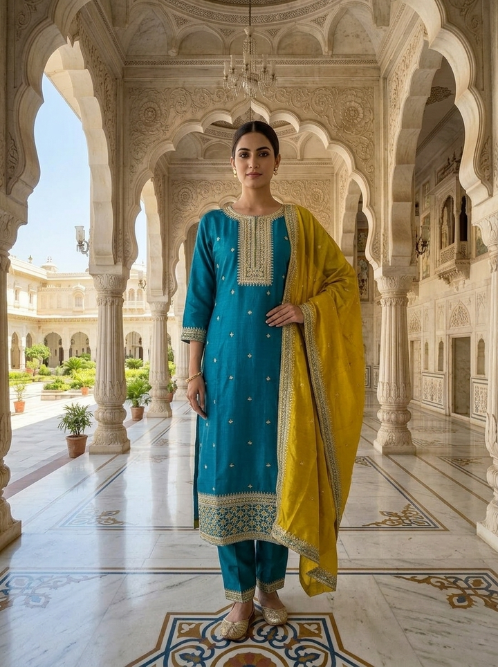 Neerus Blue Silk Thread Embroidered Suit Set - front view