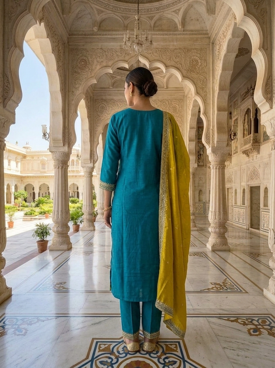 Neerus Blue Silk Thread Embroidered Suit Set - side view