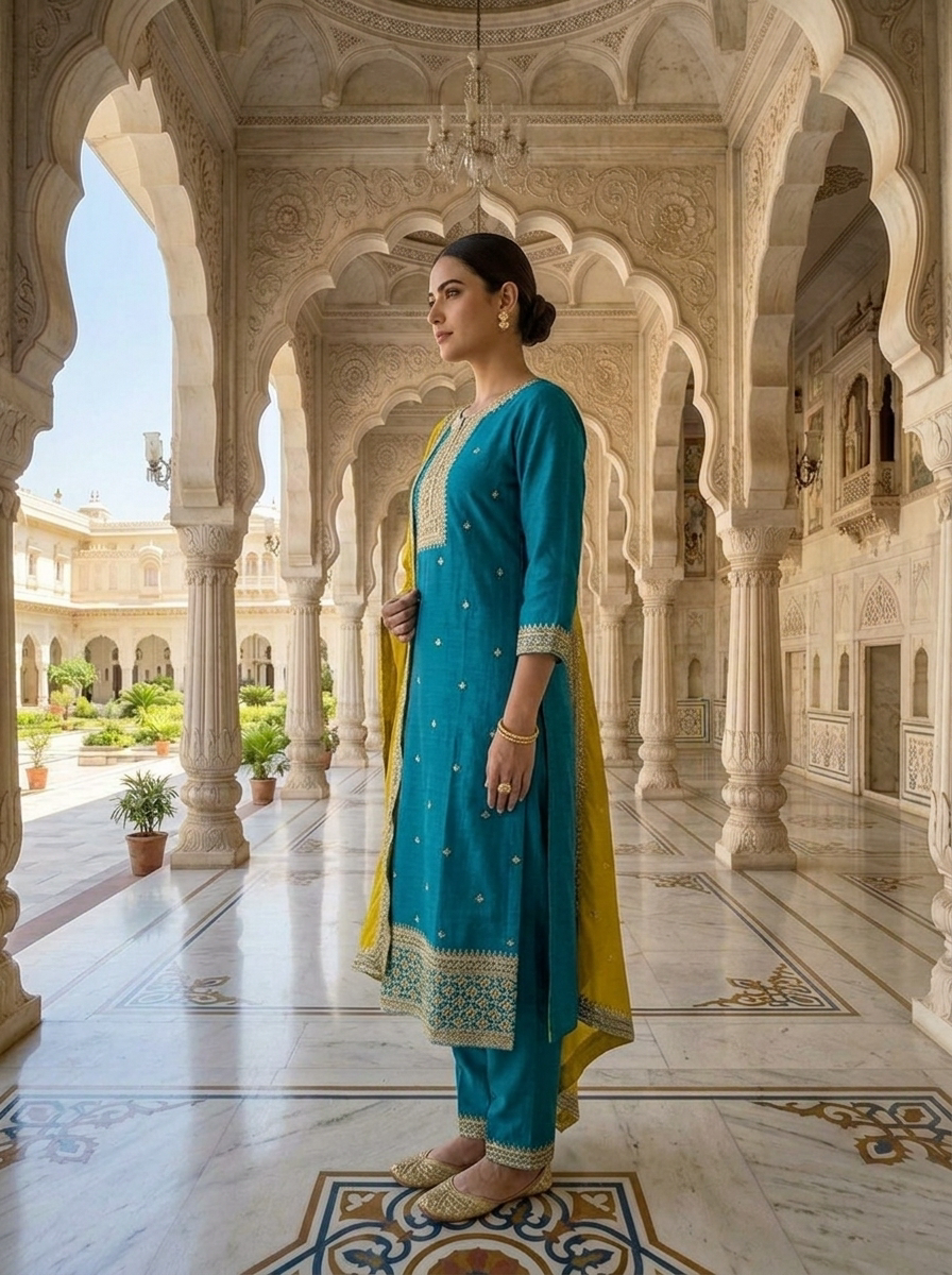 Neerus Blue Silk Thread Embroidered Suit Set - back view