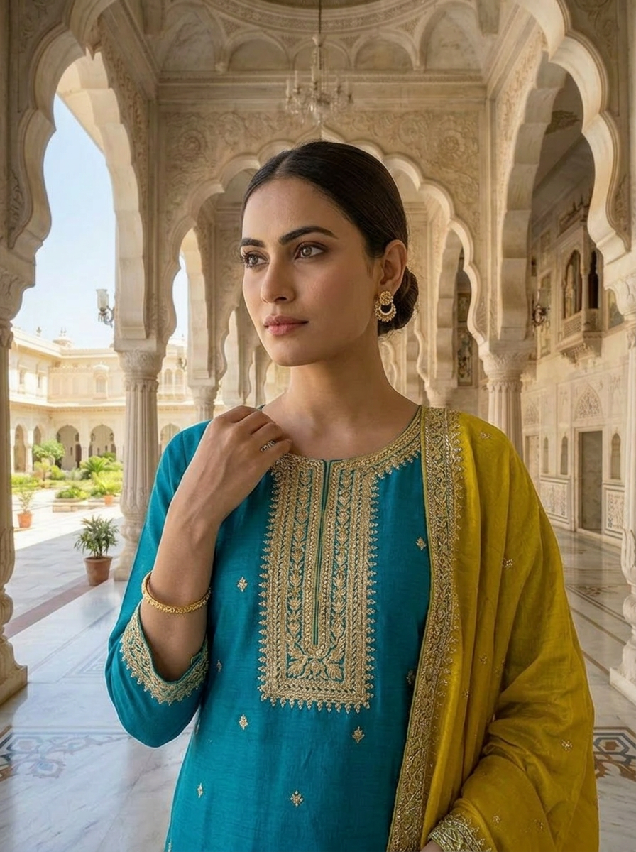 Neerus Blue Silk Thread Embroidered Suit Set - detail view 1