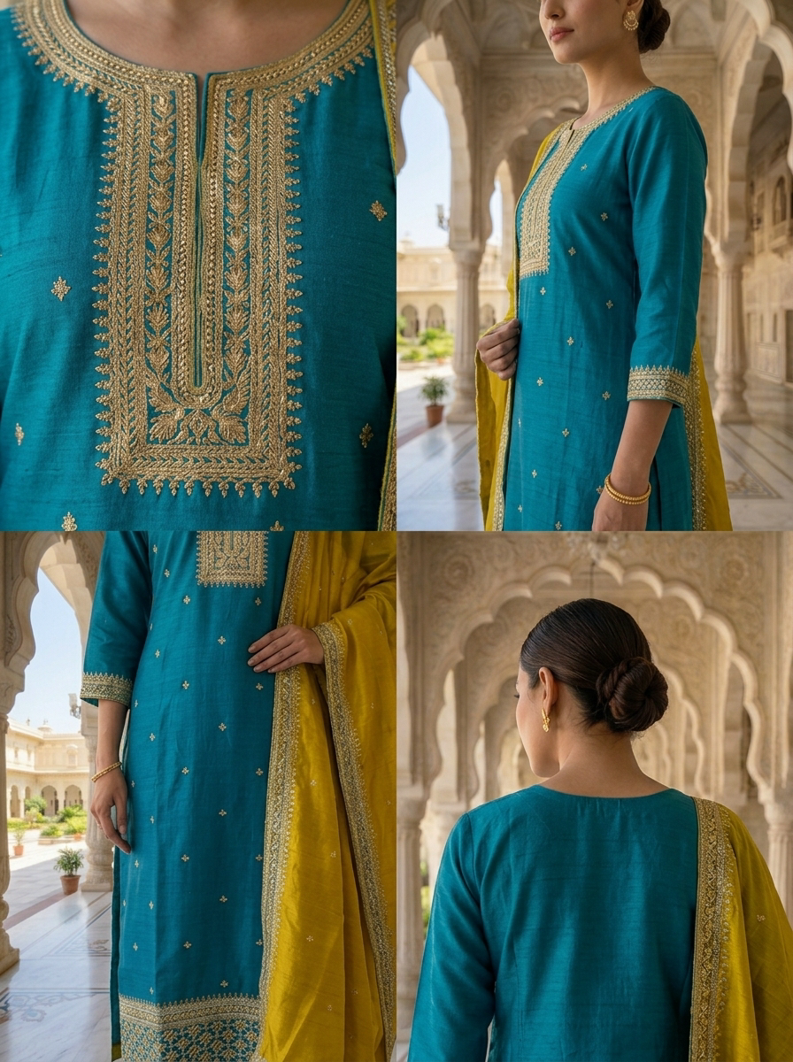 Neerus Blue Silk Thread Embroidered Suit Set - detail view 2