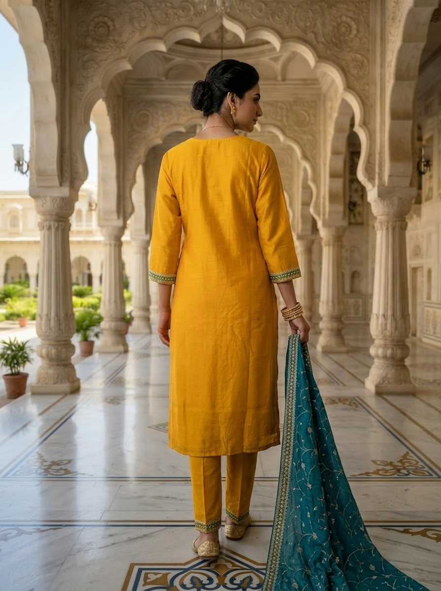 Neerus Yellow silk embellished suit set - side view
