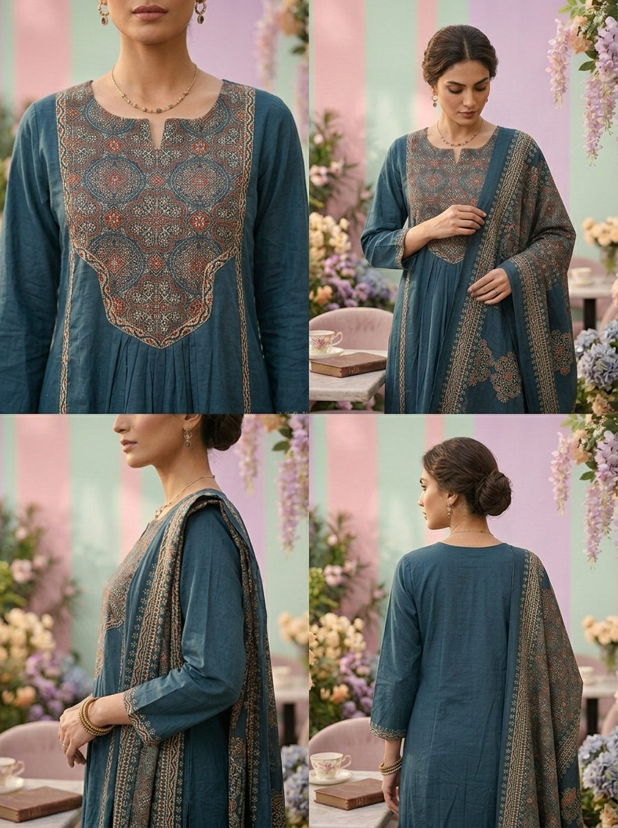 Neerus Green cotton thread embroidered suit set - detail view 2