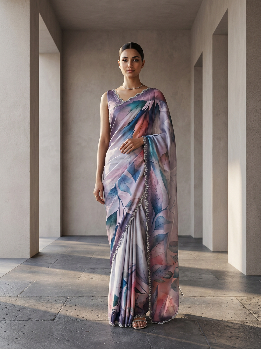 Neerus Purple satin printed saree - front view