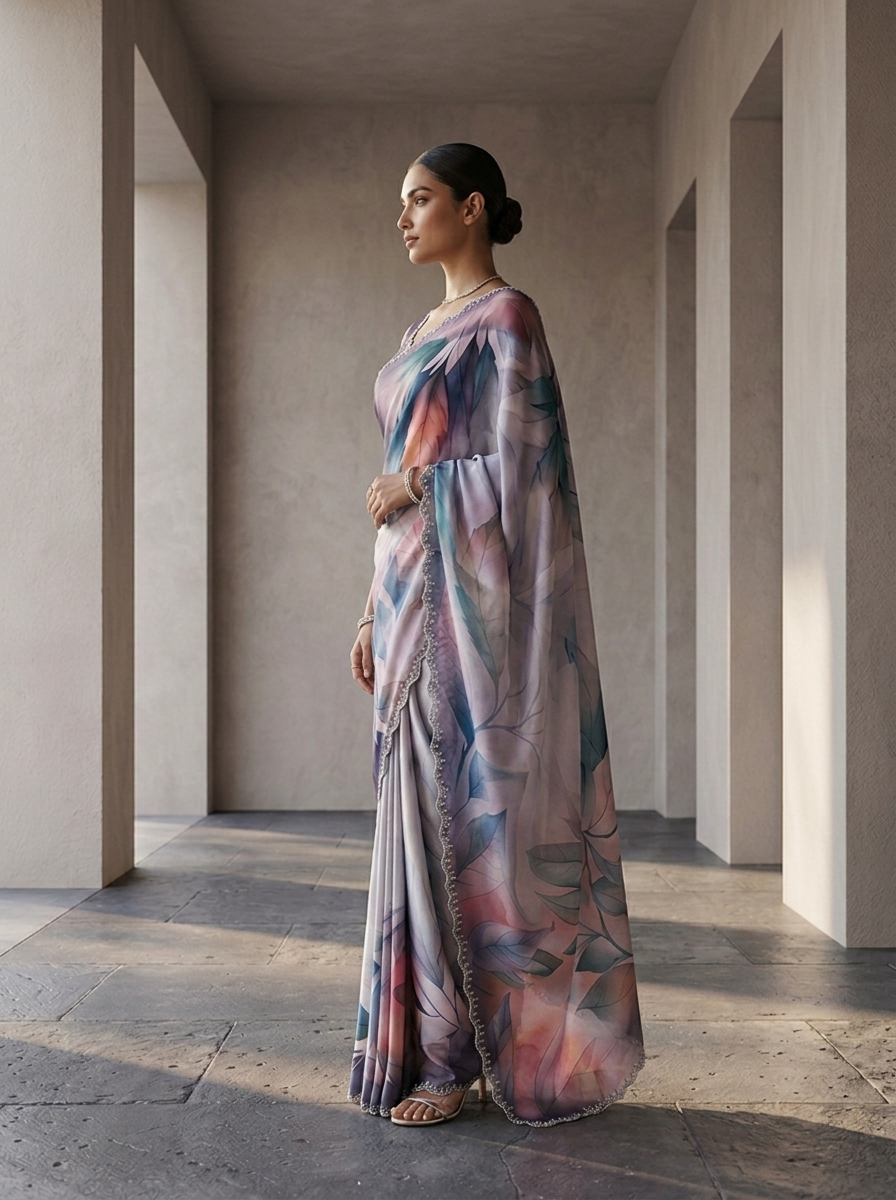 Neerus Purple satin printed saree - back view