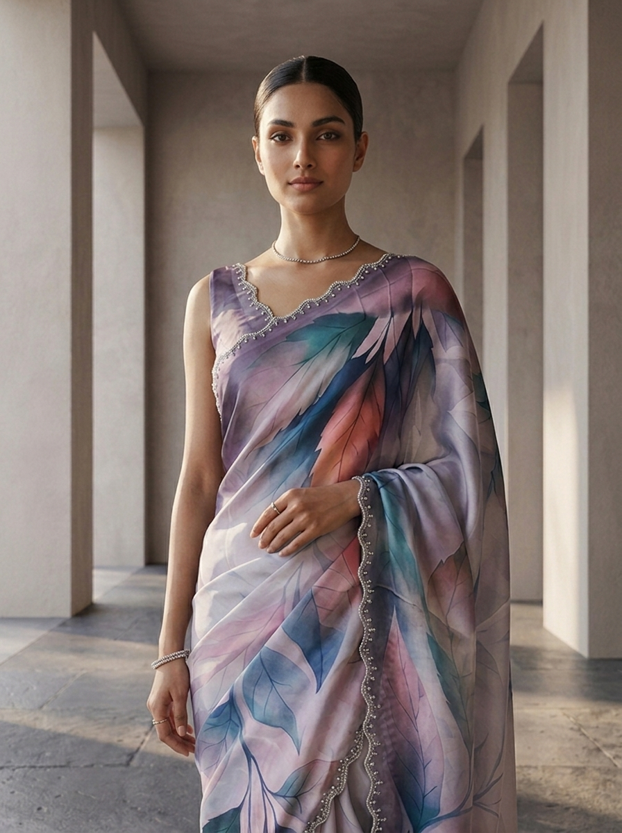 Neerus Purple satin printed saree - side view