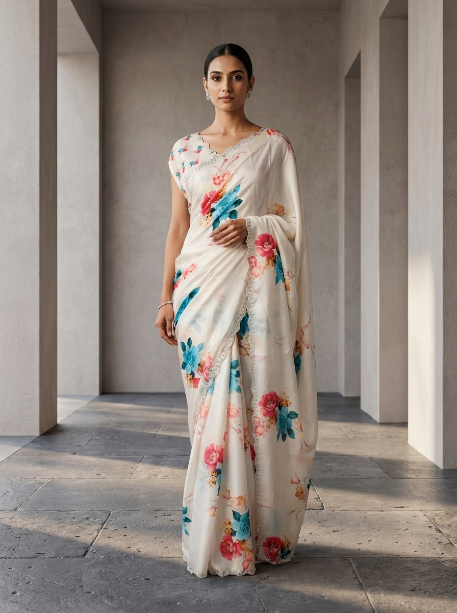 Neerus Blue Satin Embellished Floral Printed Saree - front view