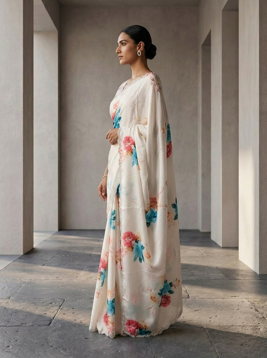 Neerus Blue Satin Embellished Floral Printed Saree - back view