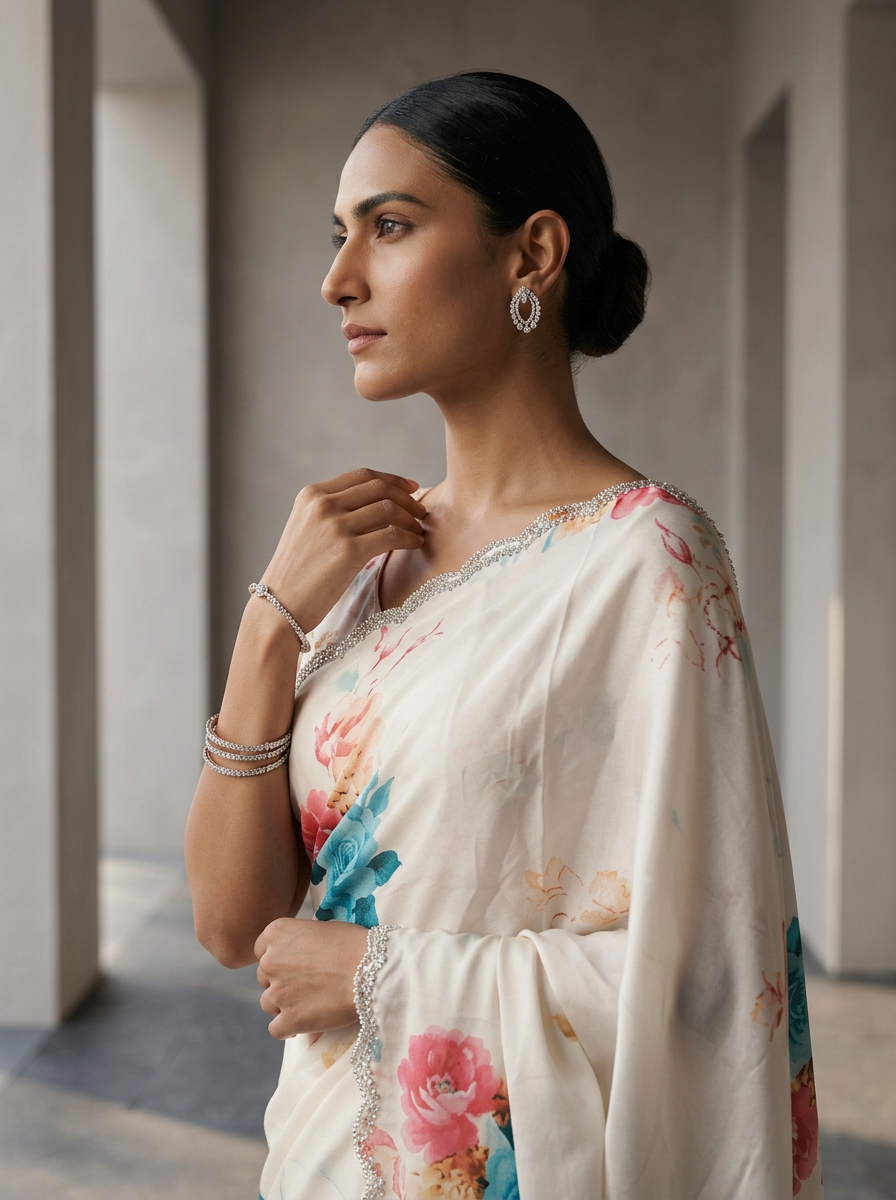 Neerus Blue Satin Embellished Floral Printed Saree - side view