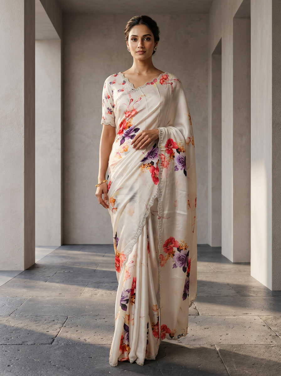 Neerus Purple satin embellished saree floral print - front view