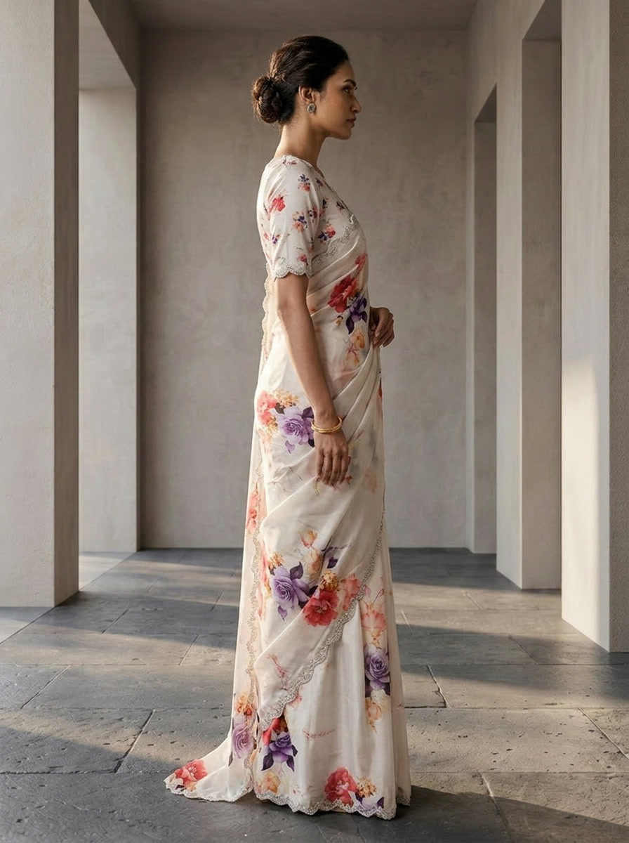 Neerus Purple satin embellished saree floral print - back view