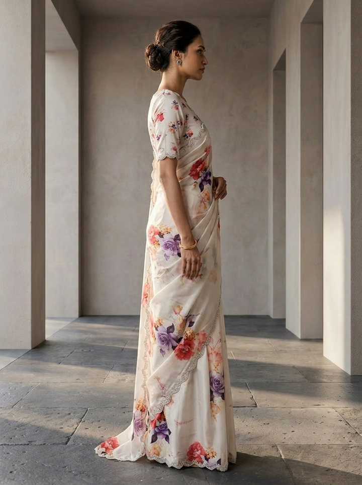 Neerus Purple satin embellished saree floral print - back view