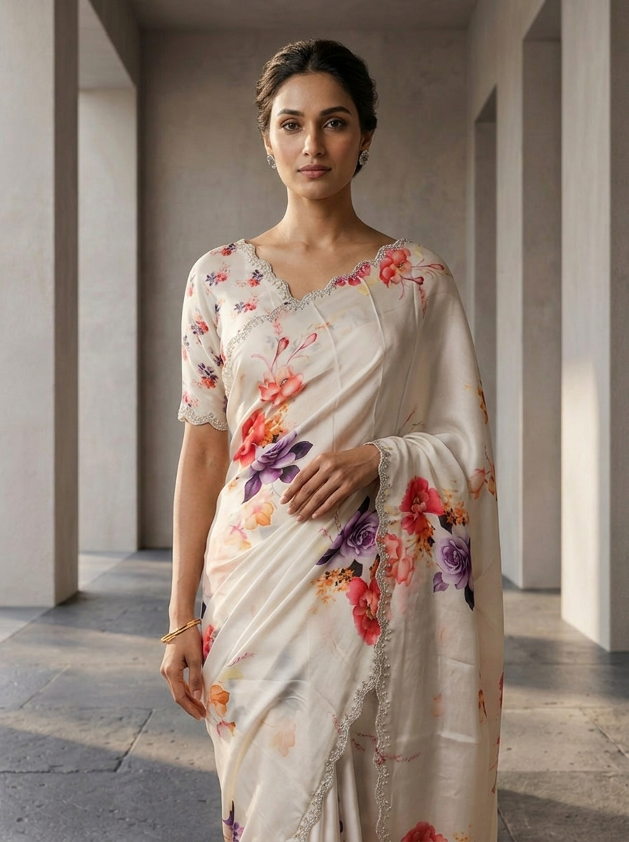 Neerus Purple satin embellished saree floral print - side view