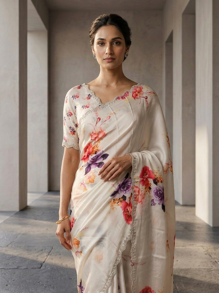 Neerus Purple satin embellished saree floral print - side view