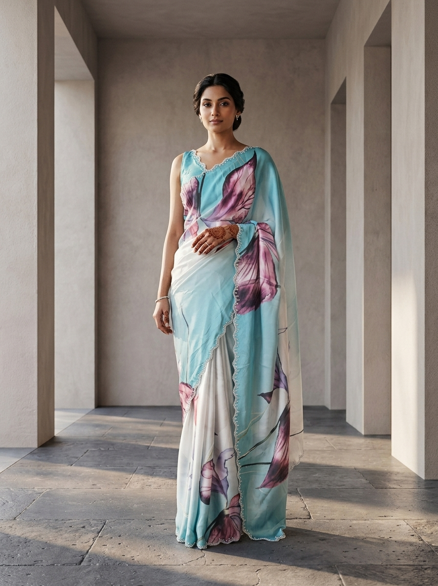 Neerus Green crepe printed saree - front view