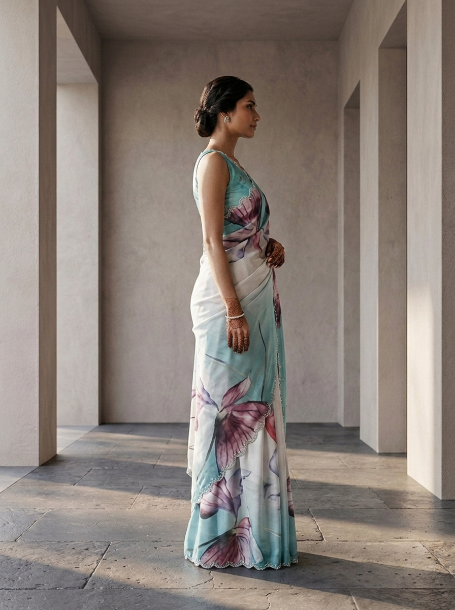 Neerus Green crepe printed saree - back view