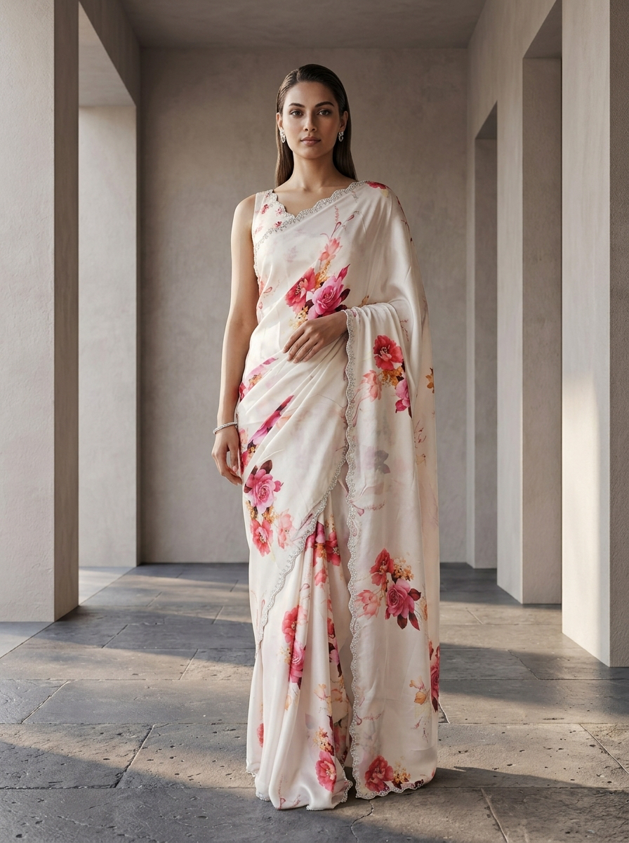 Neerus Pink satin embellished floral saree - front view