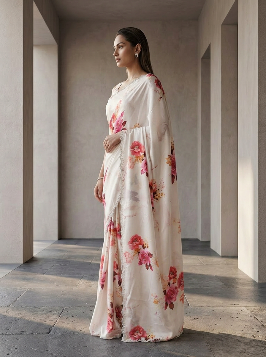 Neerus Pink satin embellished floral saree - back view