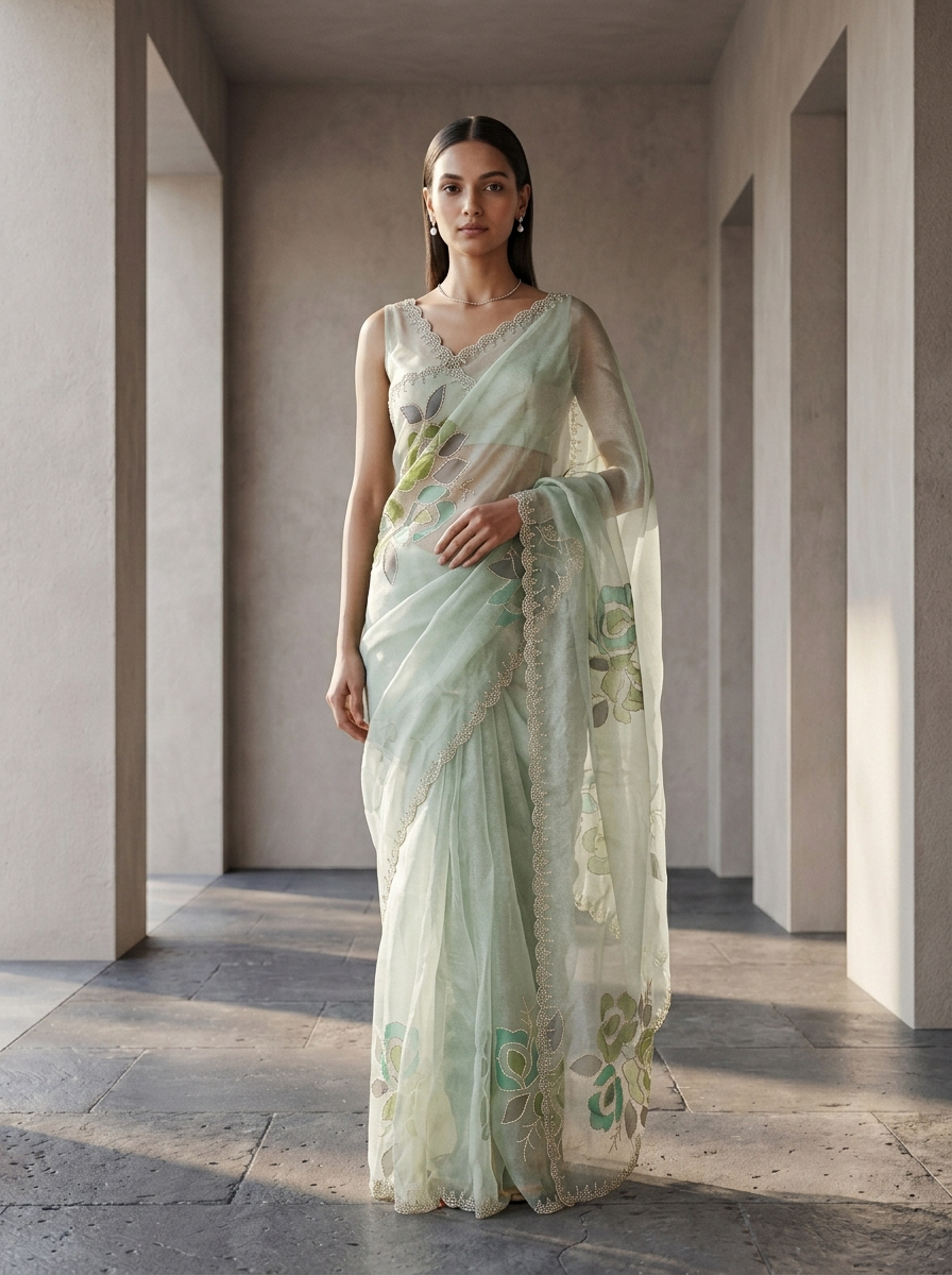 Neerus Green organza embellished saree - front view