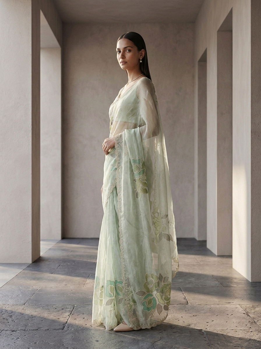Neerus Green organza embellished saree - back view