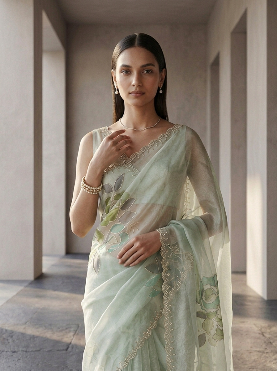 Neerus Green organza embellished saree - side view