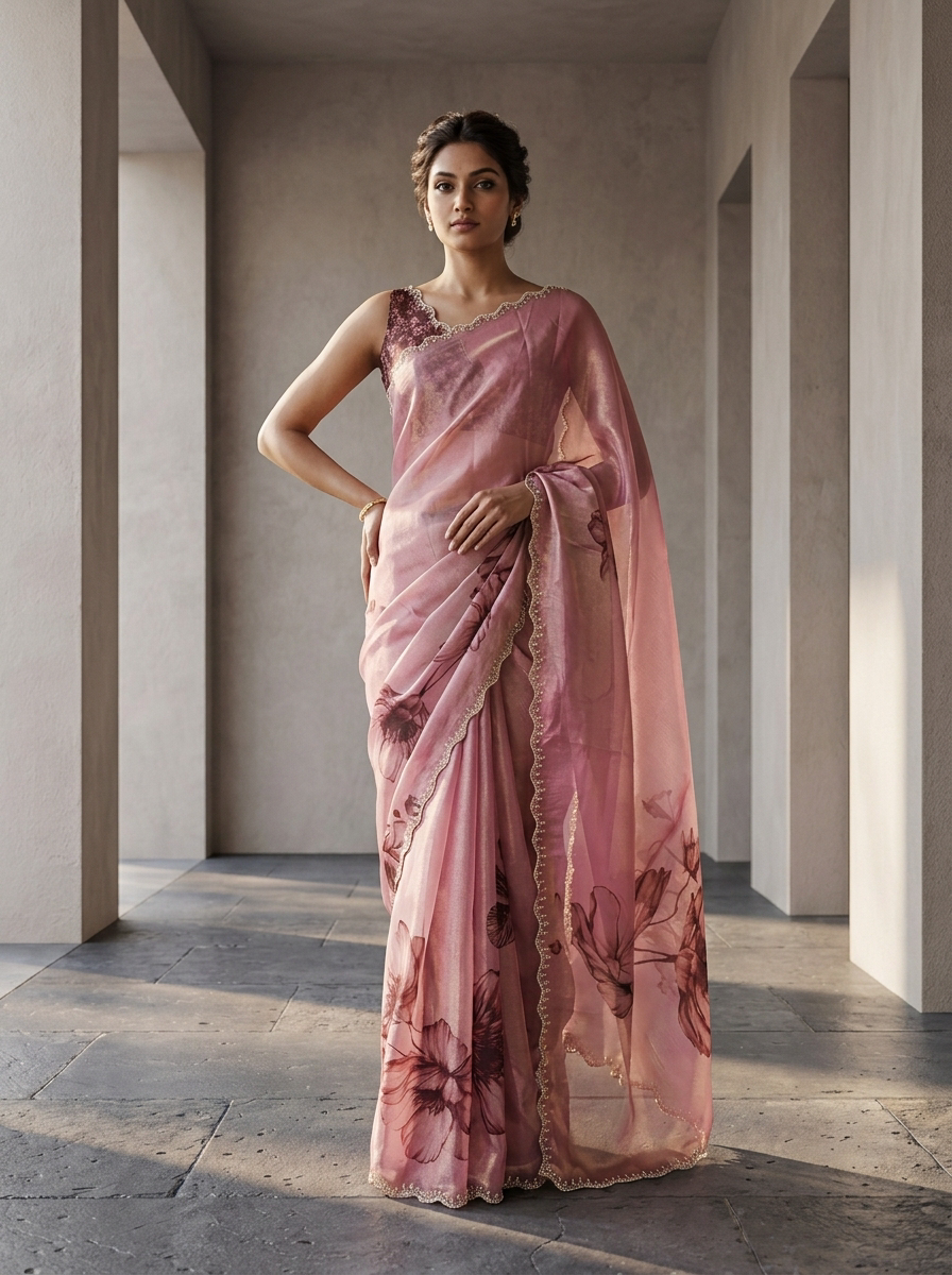 Neerus Pink satin printed saree - front view