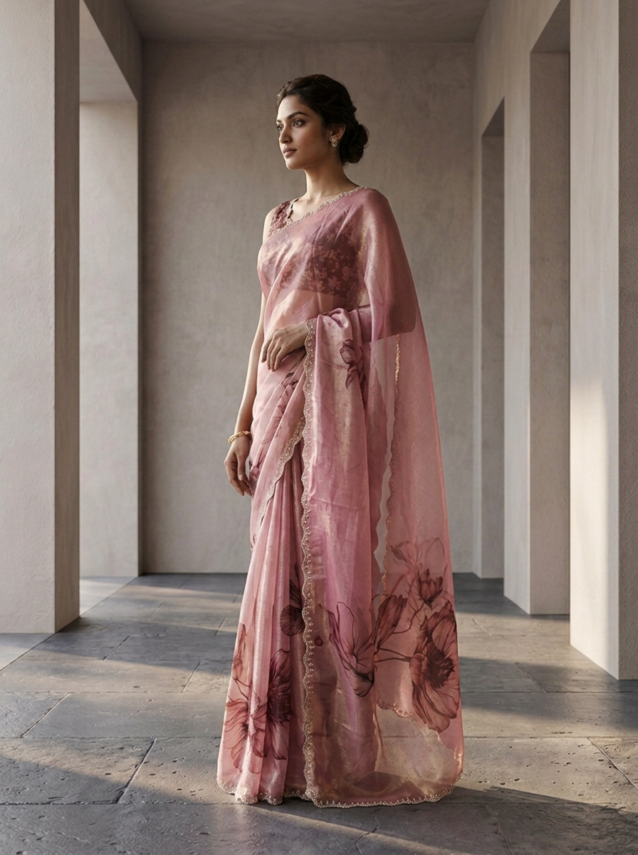Neerus Pink satin printed saree - back view