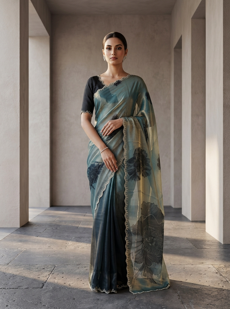 Neerus Blue satin printed saree with peacock floral motif - front view