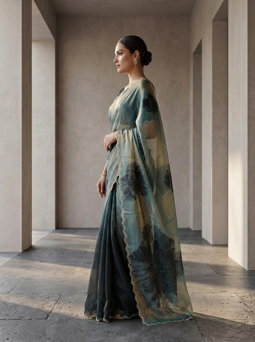 Neerus Blue satin printed saree with peacock floral motif - back view