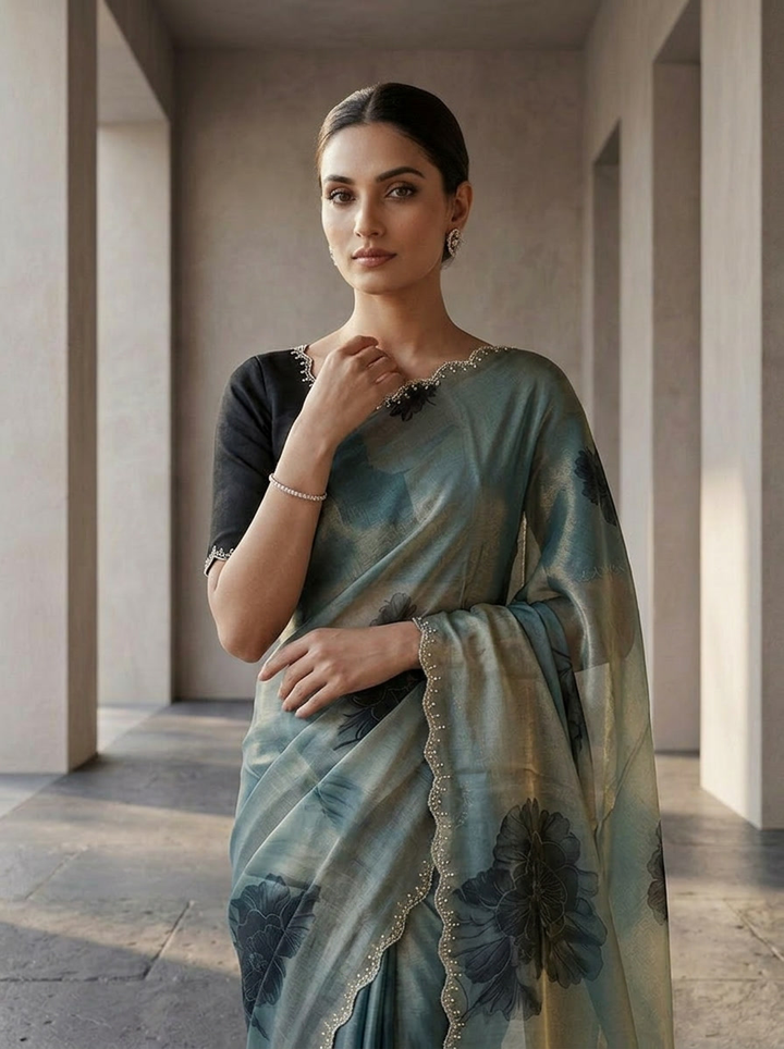 Neerus Blue satin printed saree with peacock floral motif - side view