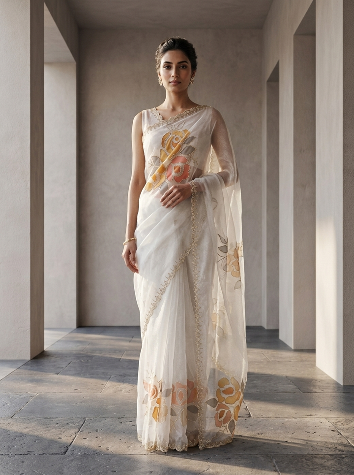 Cream Organza Stone Embroidery Saree