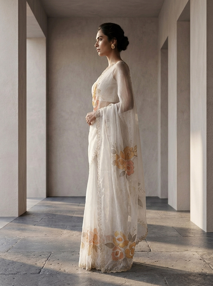 Cream Organza Stone Embroidery Saree
