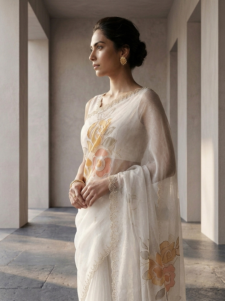 Cream Organza Stone Embroidery Saree