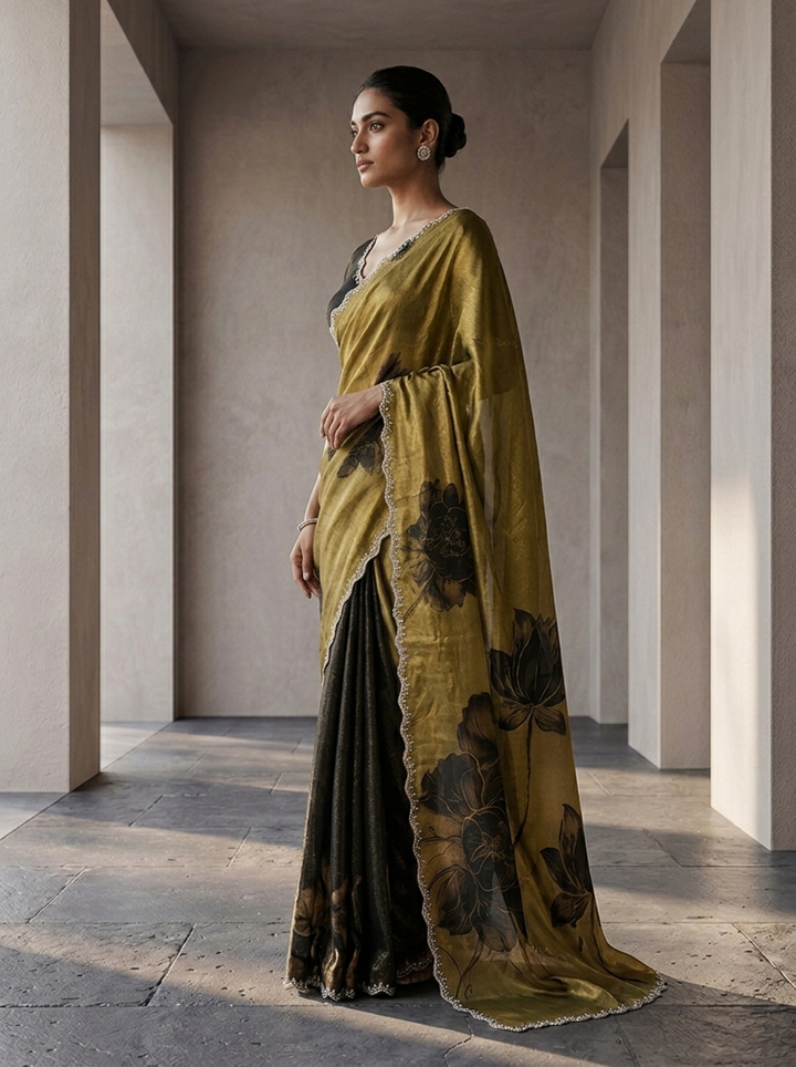 Mustard And Black Satin Floral Digital Printed Saree