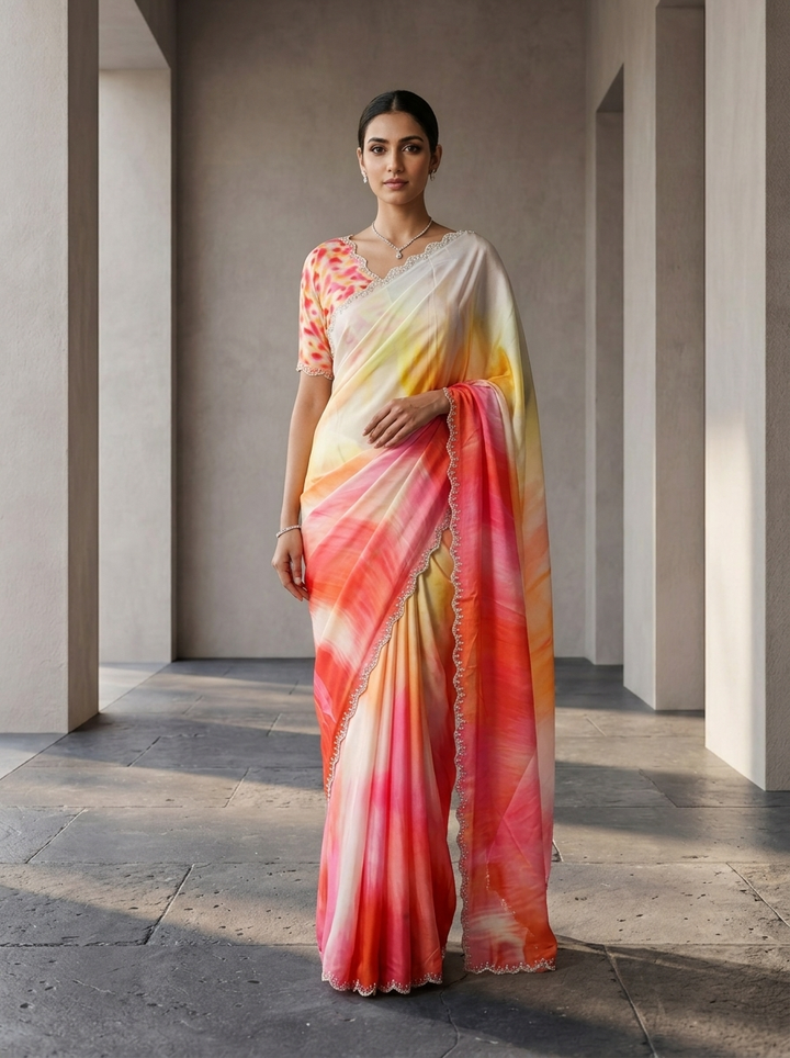 Coral Pink Crepe Multi Shade Saree