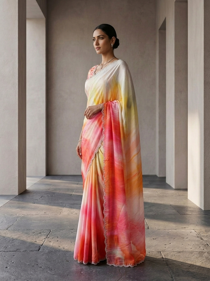 Coral Pink Crepe Multi Shade Saree