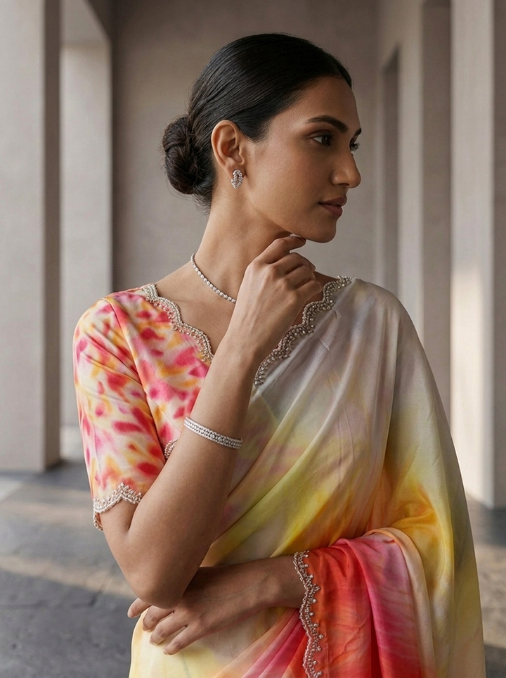 Coral Pink Crepe Multi Shade Saree