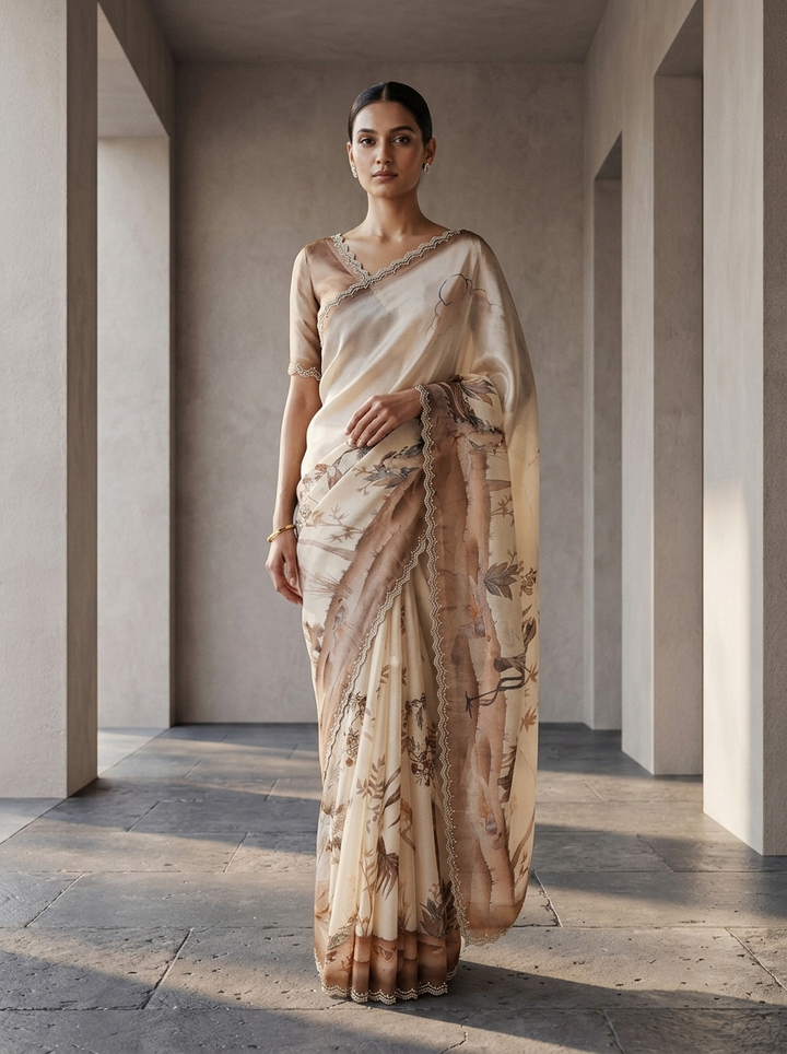 Beige Satin Floral Digital Printed Saree