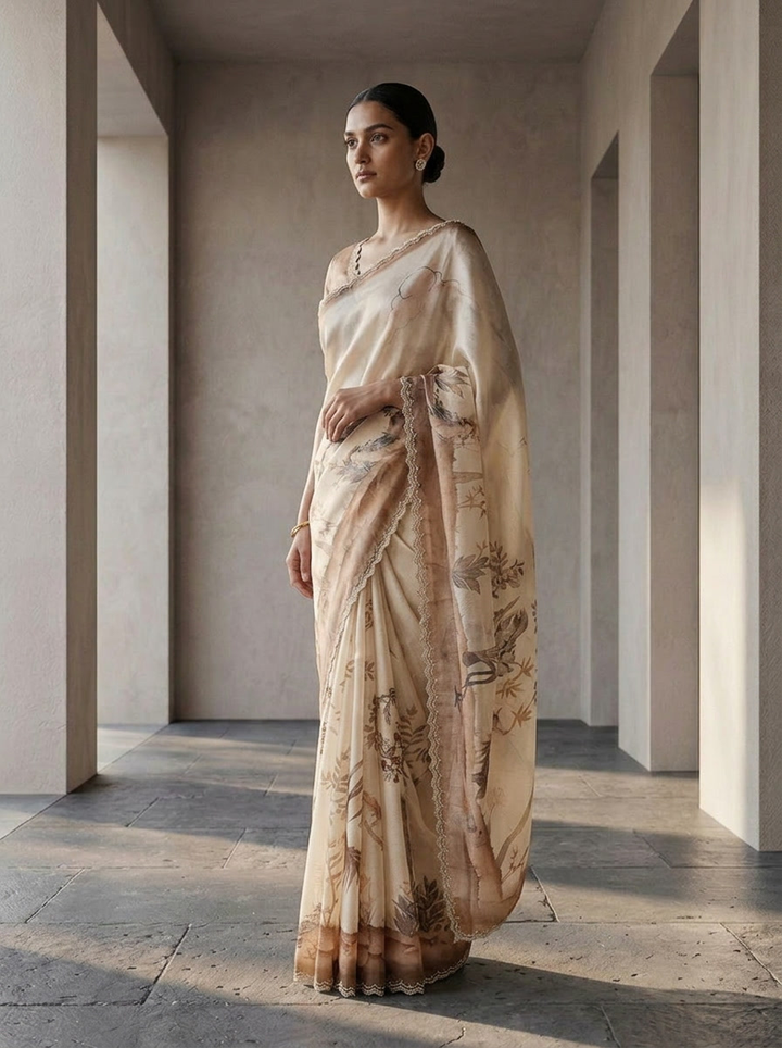 Beige Satin Floral Digital Printed Saree