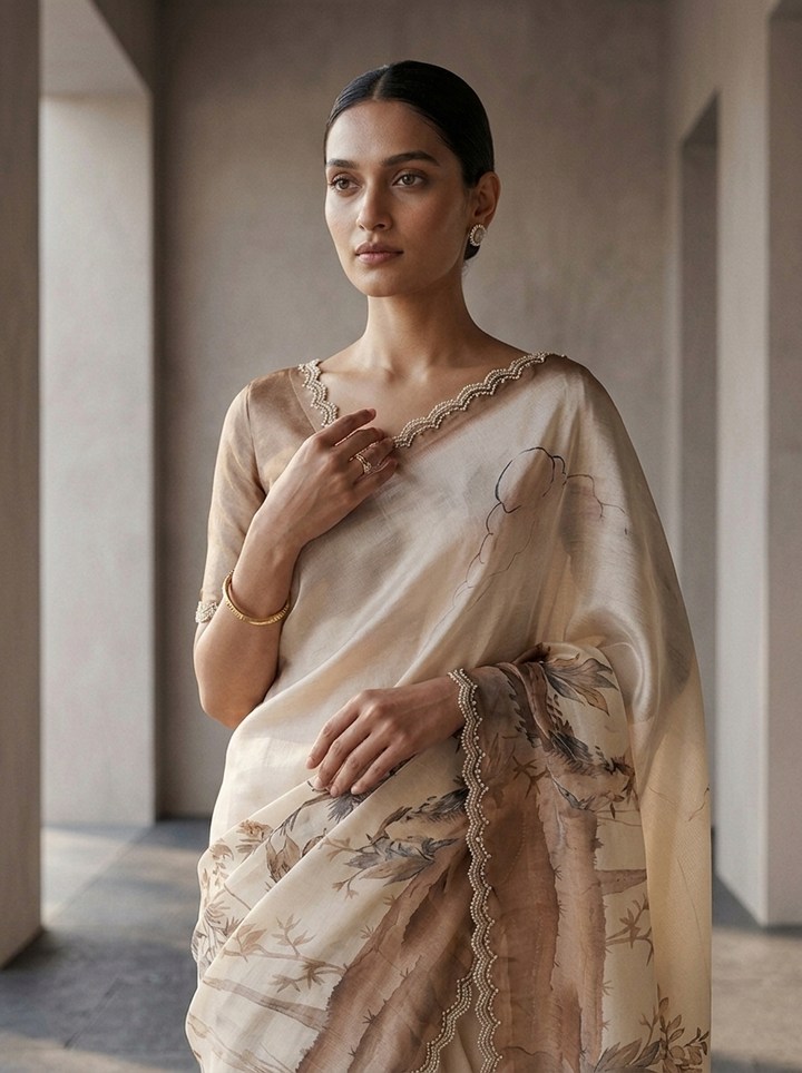 Beige Satin Floral Digital Printed Saree