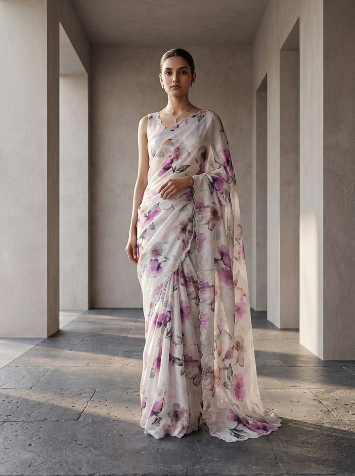 Purple Satin Floral Printed Saree