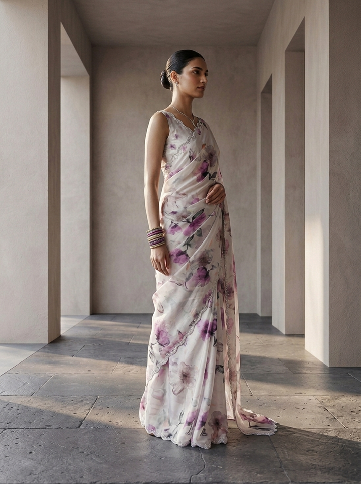 Purple Satin Floral Printed Saree